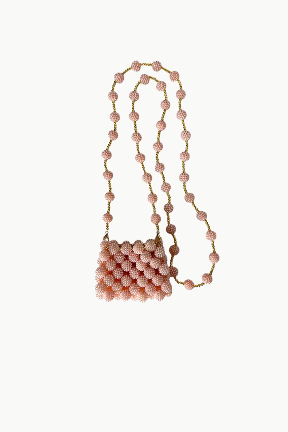 Pink Beaded Mini Bag with a long gold chain strap for stylish accessory use