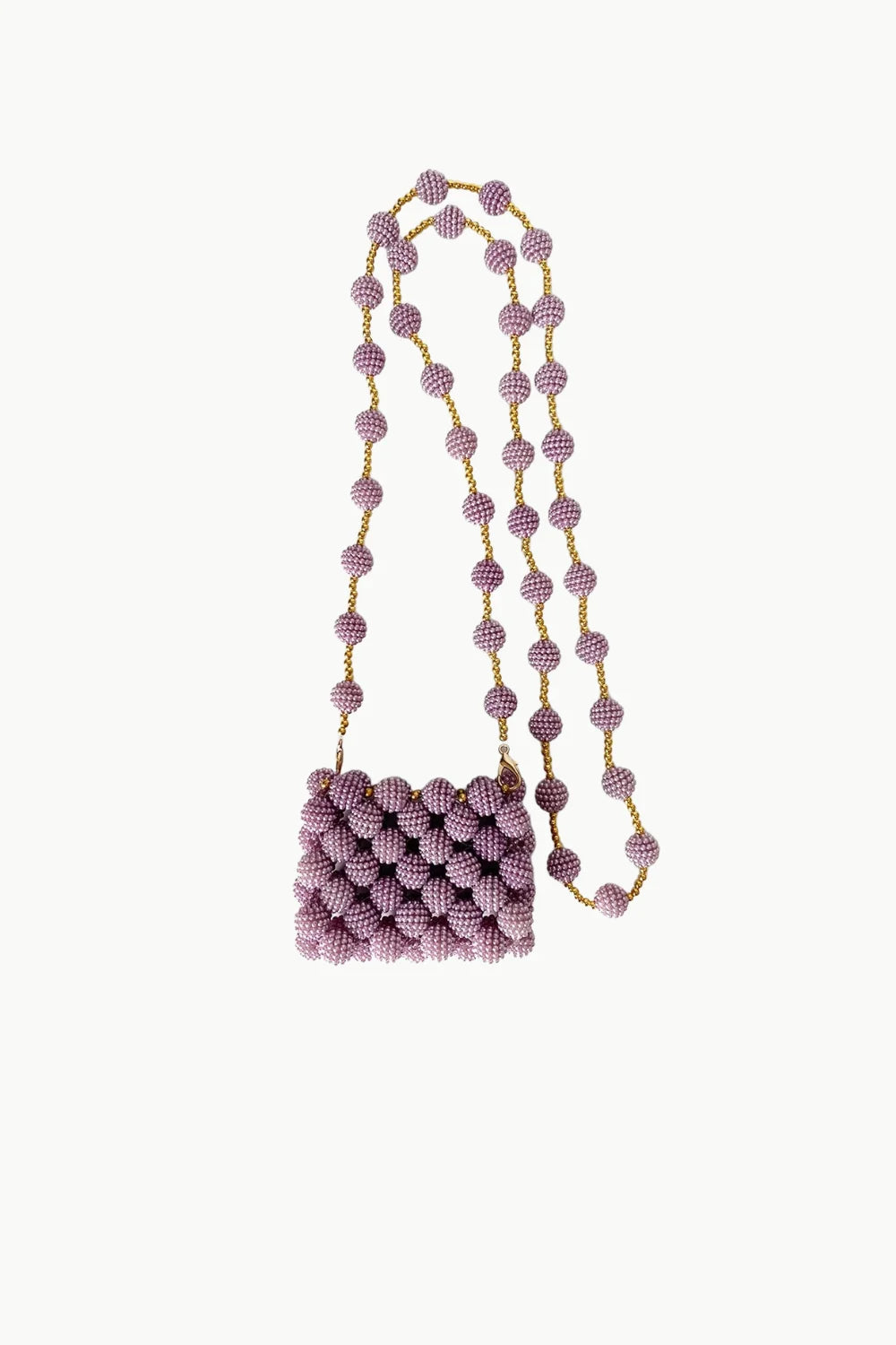Pink beaded mini bag with lavender beads and a gold chain strap for stylish elegance