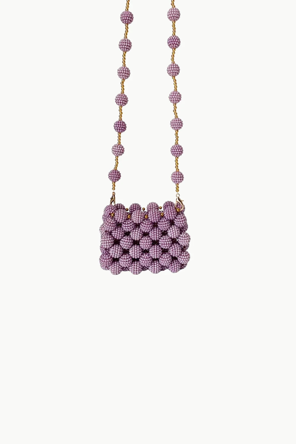 Pink beaded mini bag with lavender beads and gold chain strap for stylish accessories