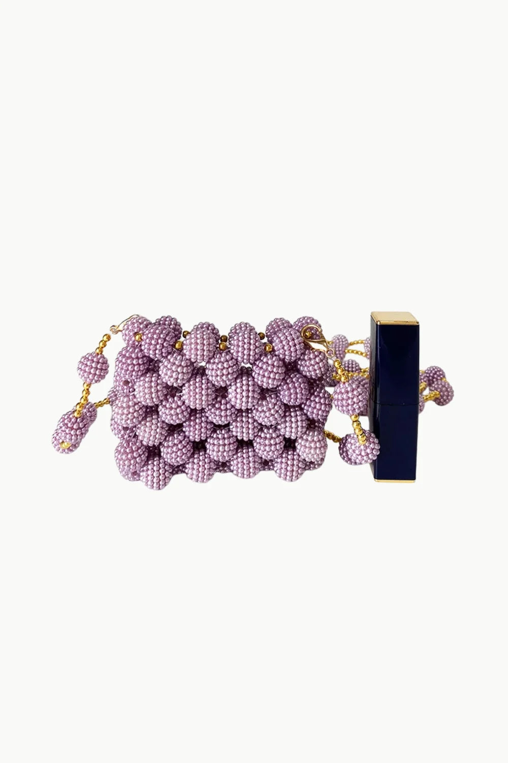Pink beaded mini bag with purple beads and gold chain strap for stylish accessories