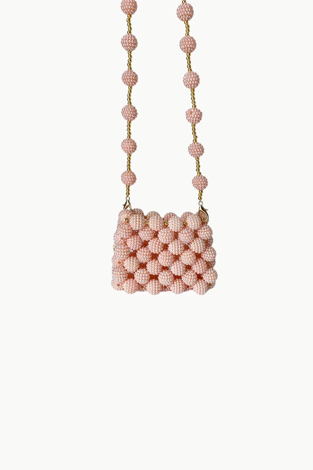 Pink beaded mini bag with gold chain strap for stylish fashion accessories