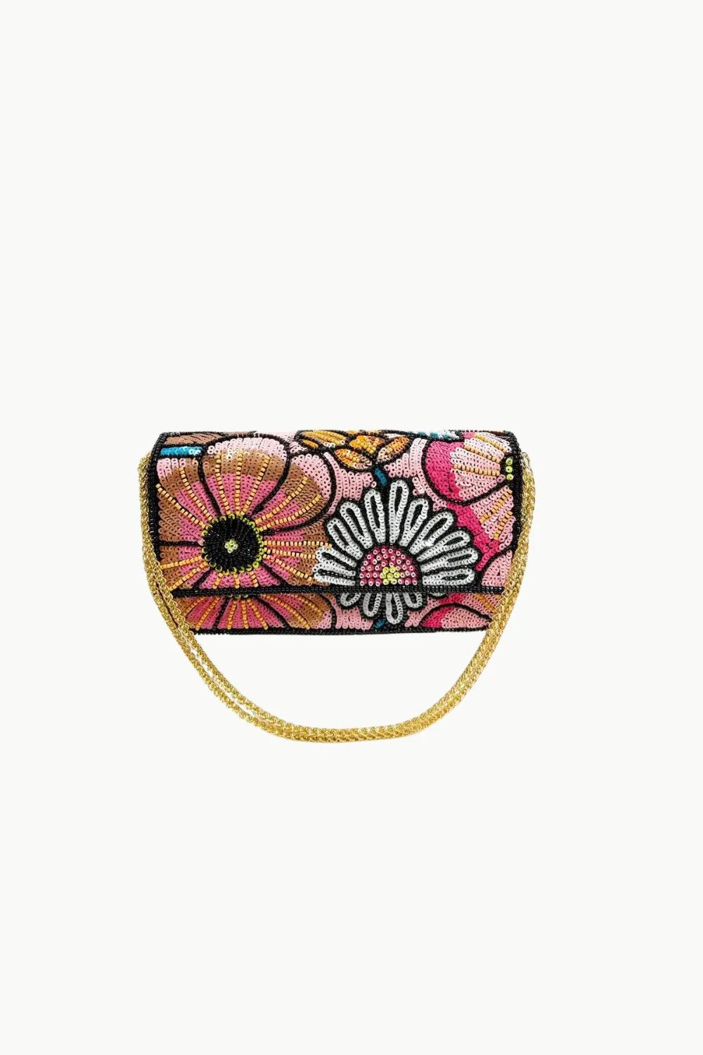 Pink floral beaded bag with floral design and gold chain strap for stylish accessories