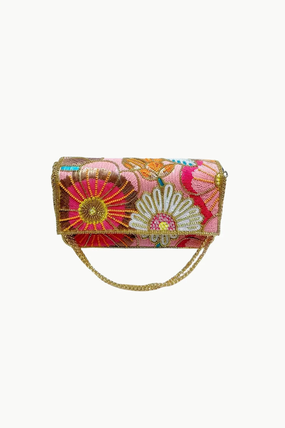 Pink floral beaded clutch bag with embroidery and gold chain strap for elegant style