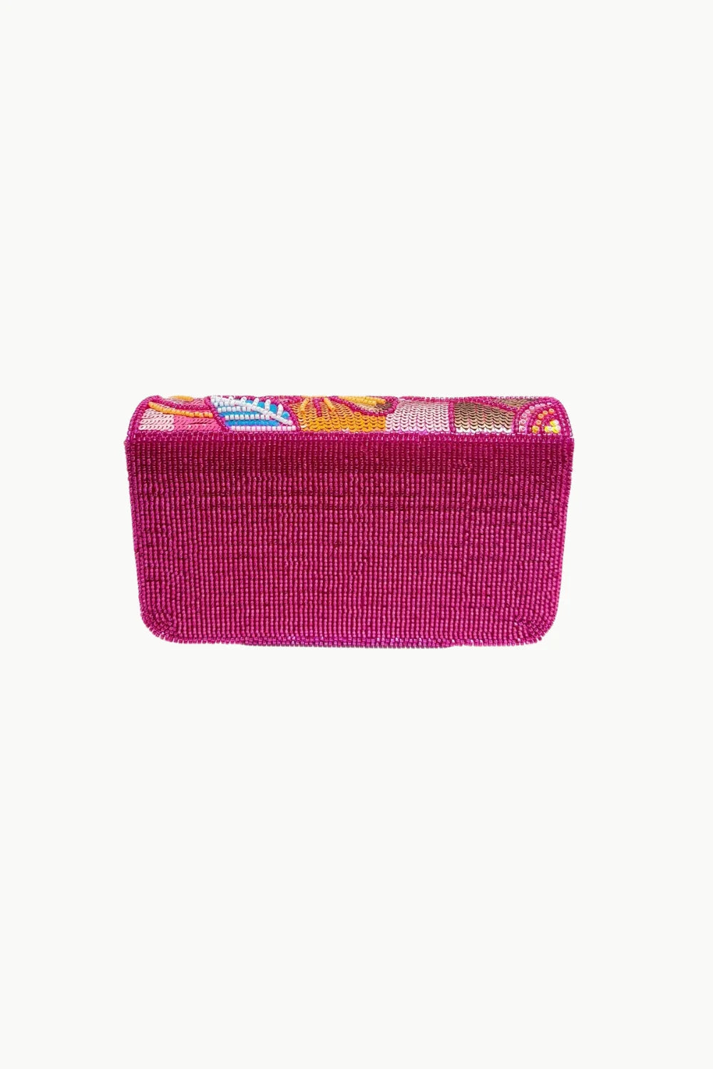 Pink floral beaded bag with beaded fuchsia clutch and multicolored patterned flap