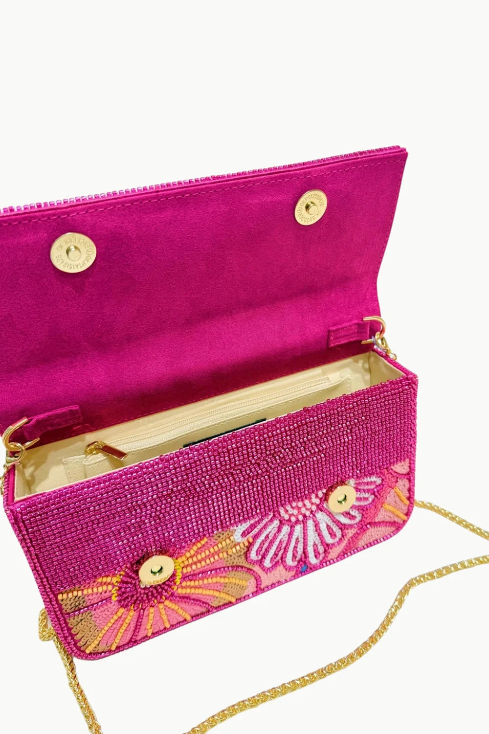 Open pink floral beaded bag with embroidered flowers and gold chain strap