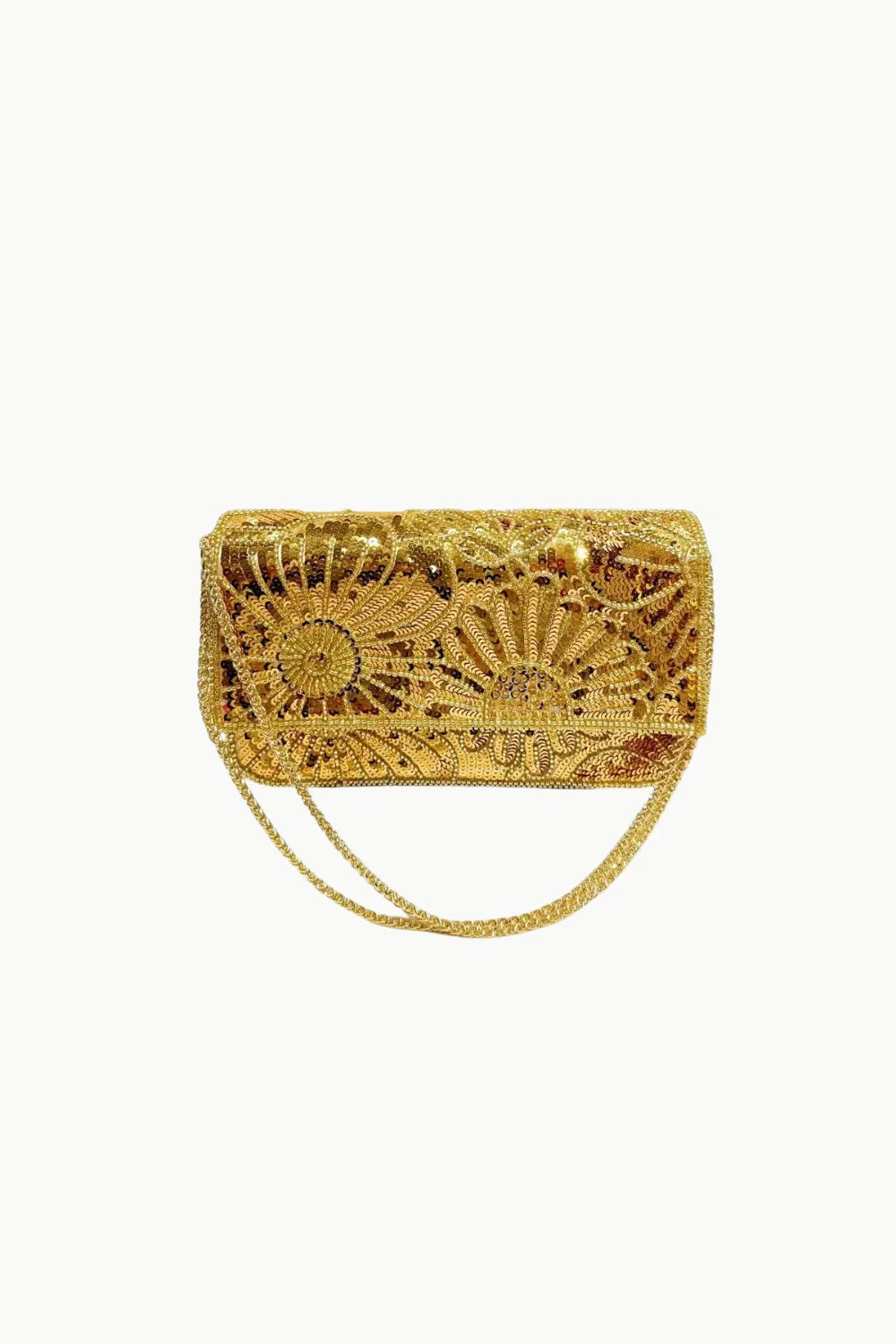 Ornate gold metallic clutch bag with chain strap, pink floral beaded bag for elegance