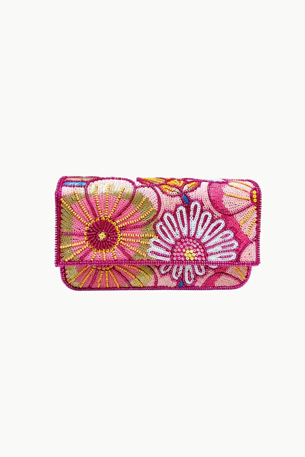 Pink floral beaded bag with vibrant floral patterns perfect for stylish accessories