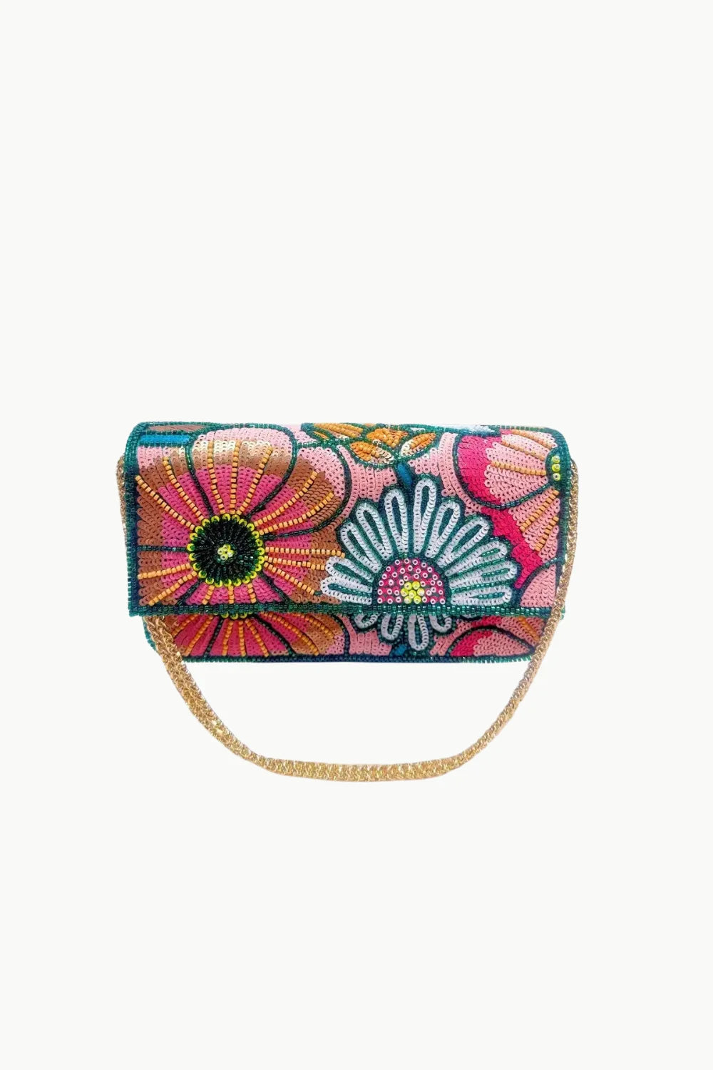 Pink floral beaded bag with gold chain strap, vibrant floral beaded clutch accessory