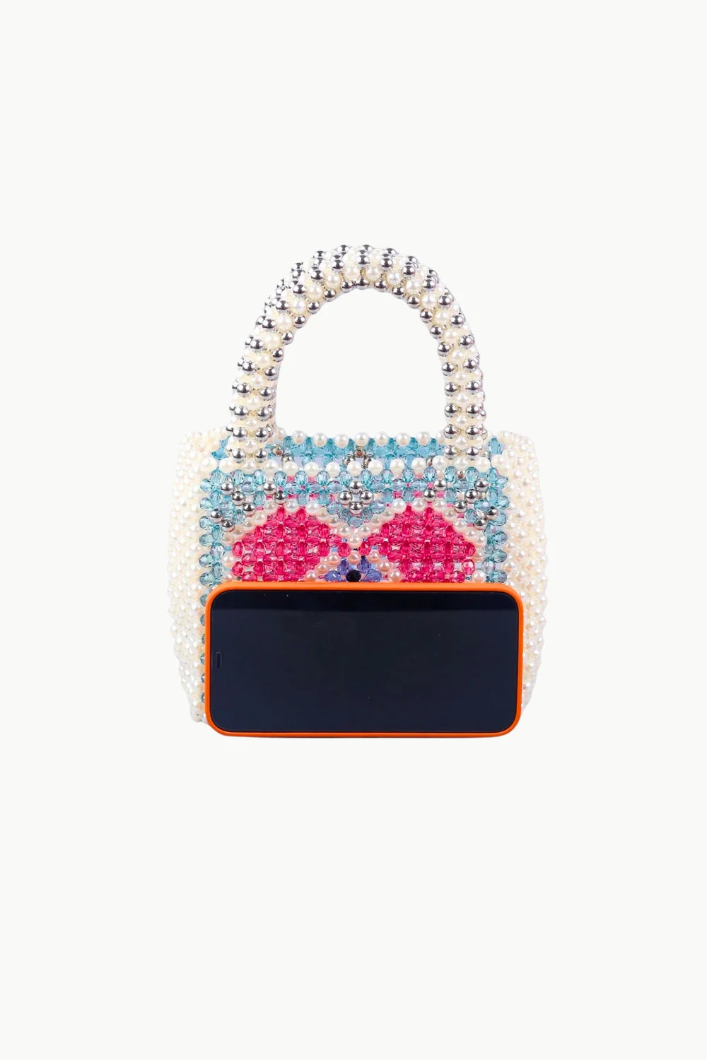 Pink Heart Beaded Bag with white, pink, and blue beads and an orange-rimmed phone