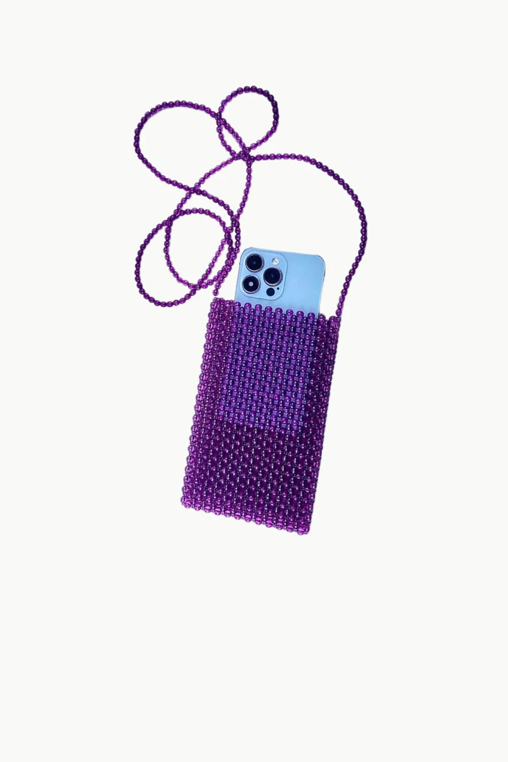 Purple beaded crossbody bag with light blue phone inside, stylish beaded crossbody accessory