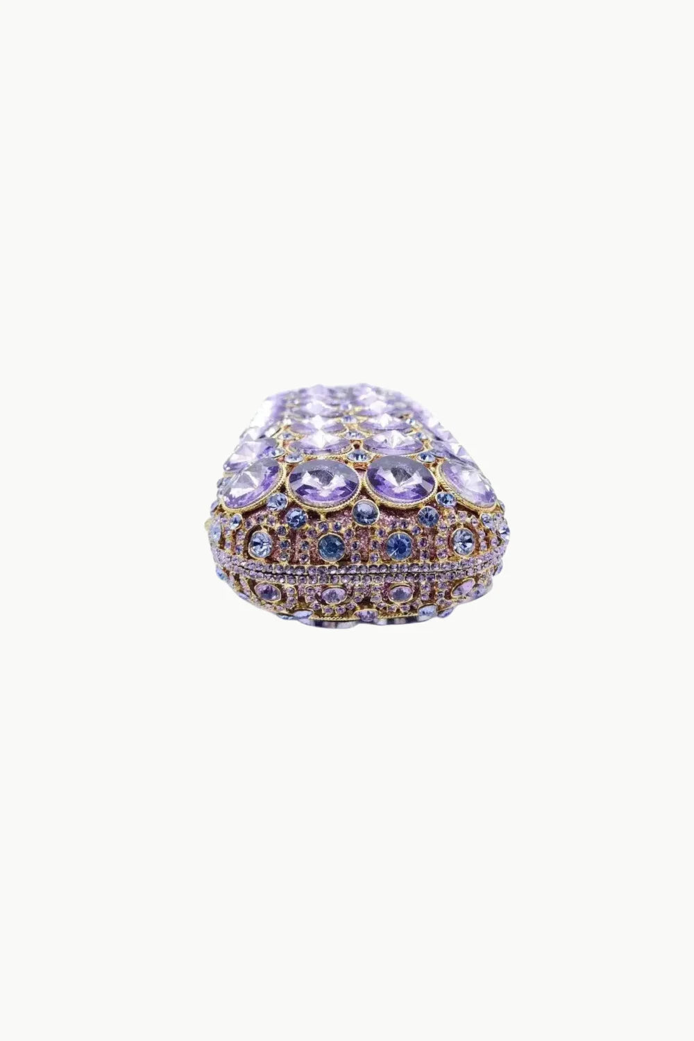 Heart-shaped purple beaded evening bag with rhinestones, perfect for elegant events