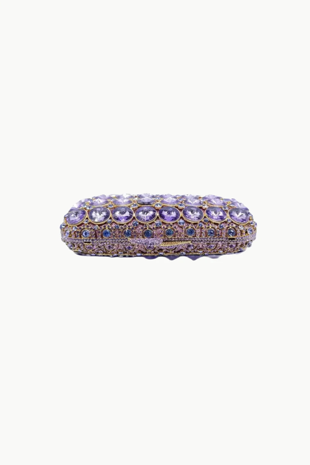 Purple beaded evening bag with ornate rectangular design and purple and blue gemstones