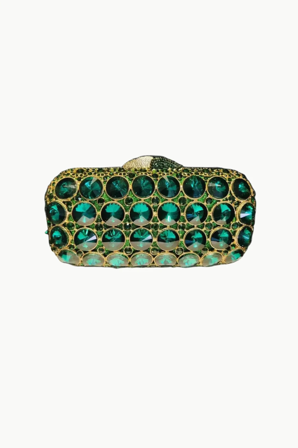 Rectangular emerald-green jeweled clutch with gold trim, purple beaded evening bag