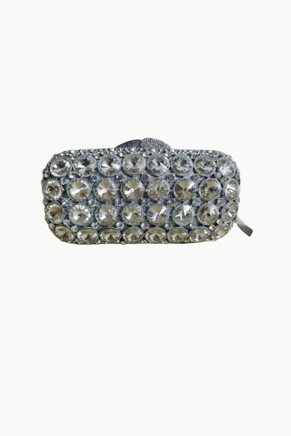 Silver beaded evening bag with rhinestones, clasp, and zipper for elegant occasions