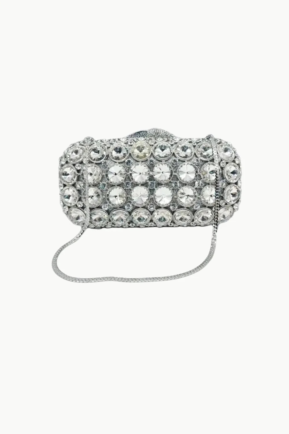 Silver rhinestone clutch bag with chain strap, perfect as a purple beaded evening bag