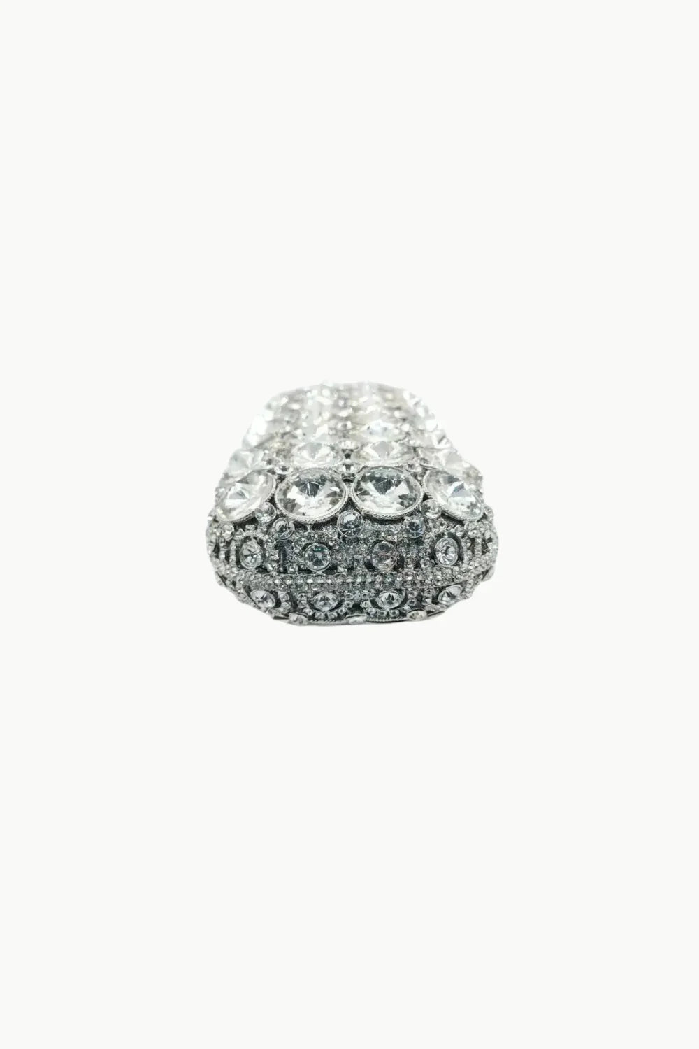 Silver-toned clutch bag covered in clear rhinestones, perfect as a purple beaded evening bag