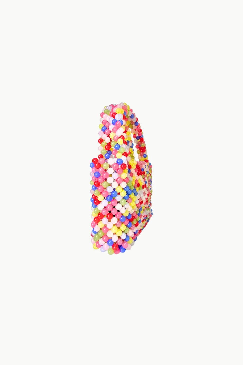 Vibrant rainbow beaded bag with multicolored beads, perfect for stylish accessories