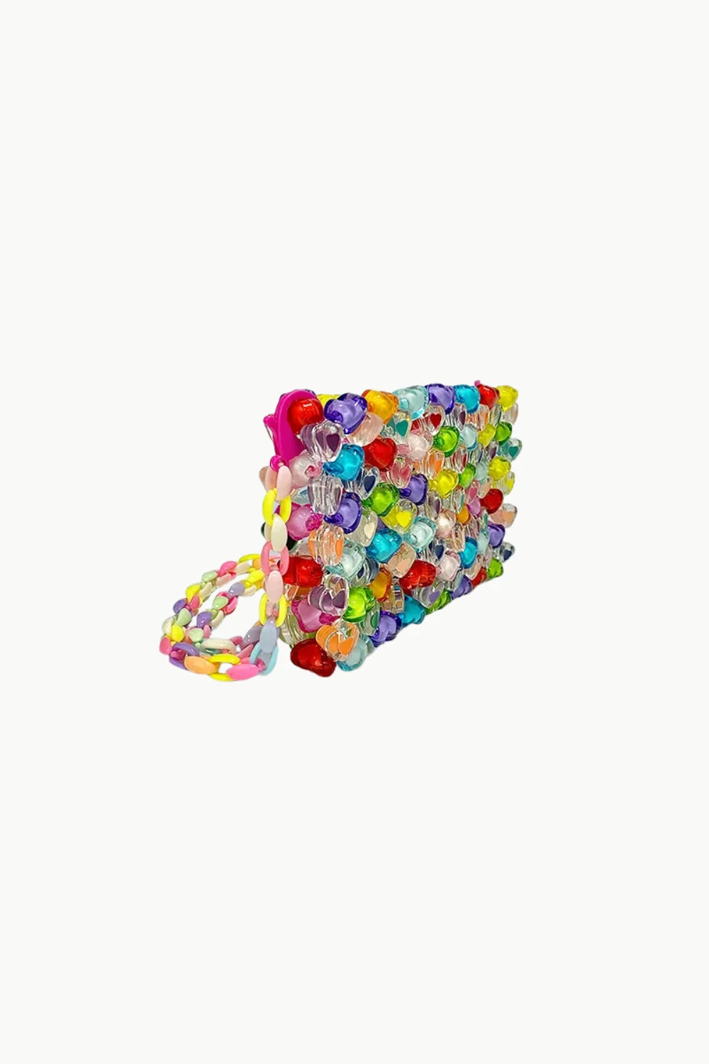 Rainbow beaded crossbody bag with multicolored beads and wrist strap for stylish carry