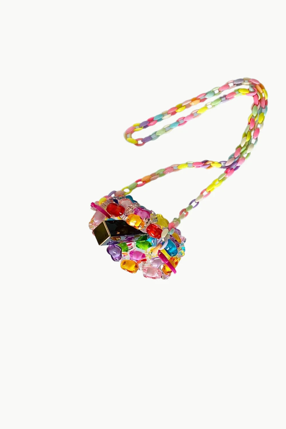 Colorful rainbow mini beaded bag with jewel accents and a multi-colored chain strap