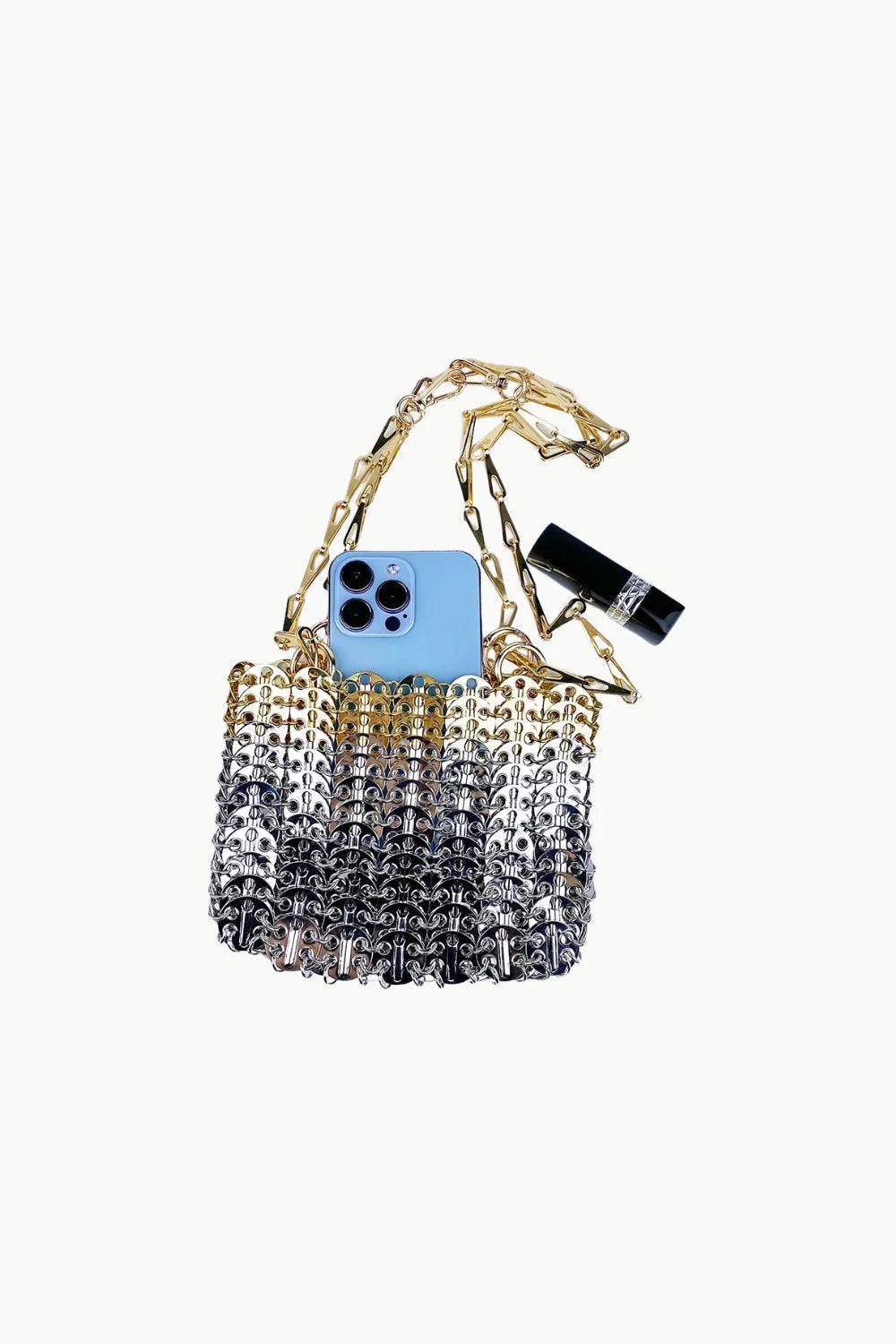 Retro Beaded Coin Purse with silver and gold chainmail shoulder bag, light blue phone, black lipstick