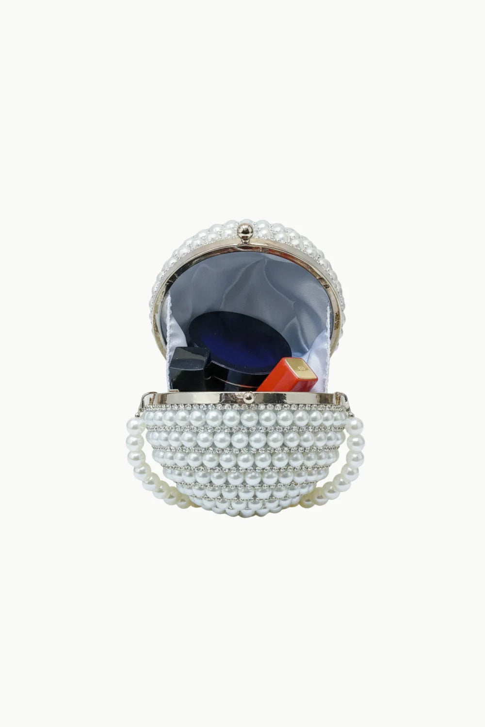 Round Pearl Clutch Purse with Pearl Embellishments and Clasp Closure
