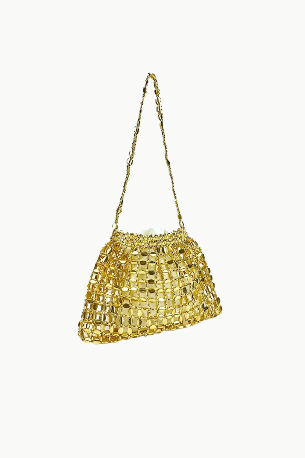 Gold sequined drawstring shoulder bag, stylish sequin beaded bag for evening wear