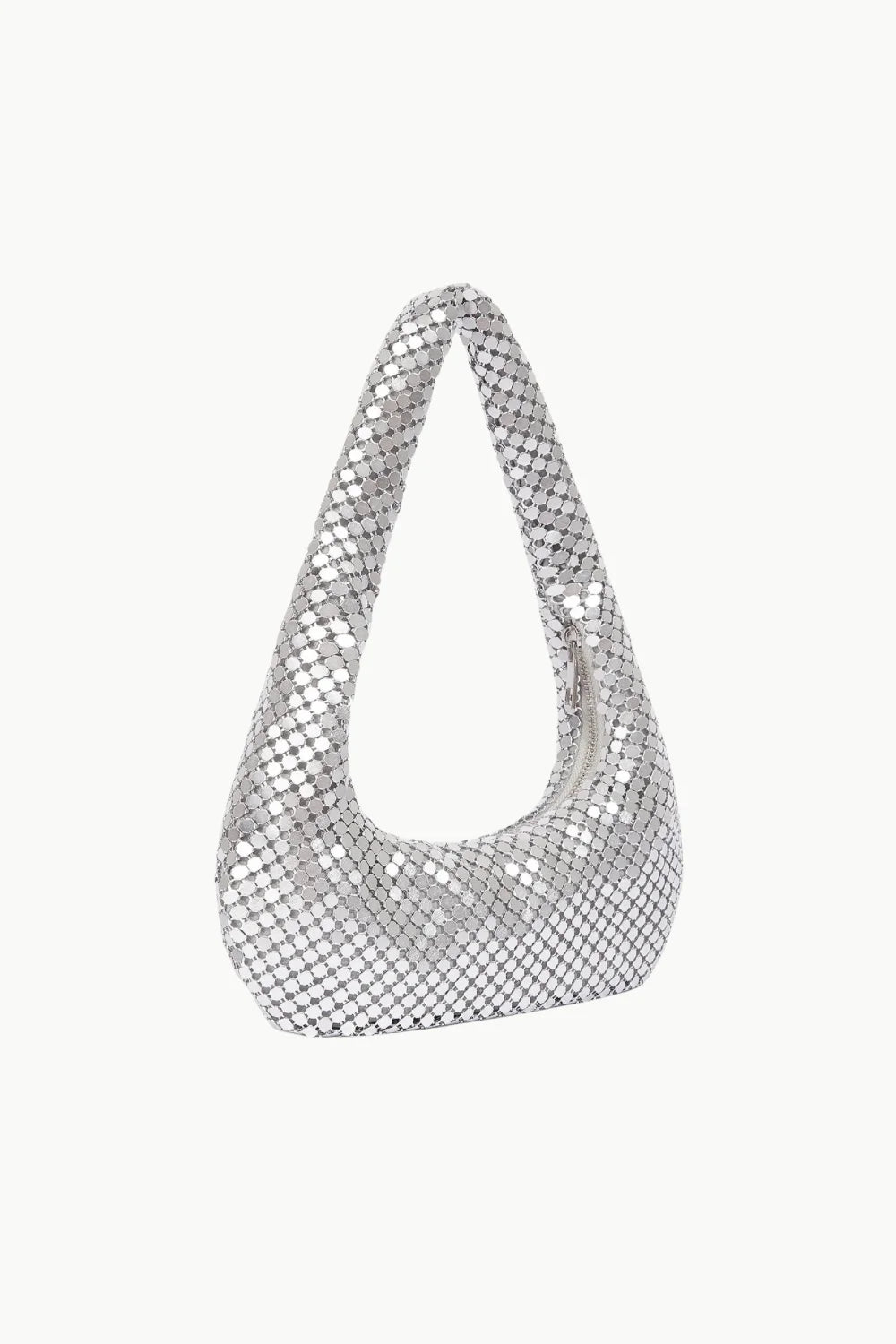Silver chainmail shoulder bag featuring sequin beaded design in a stylish beaded purse