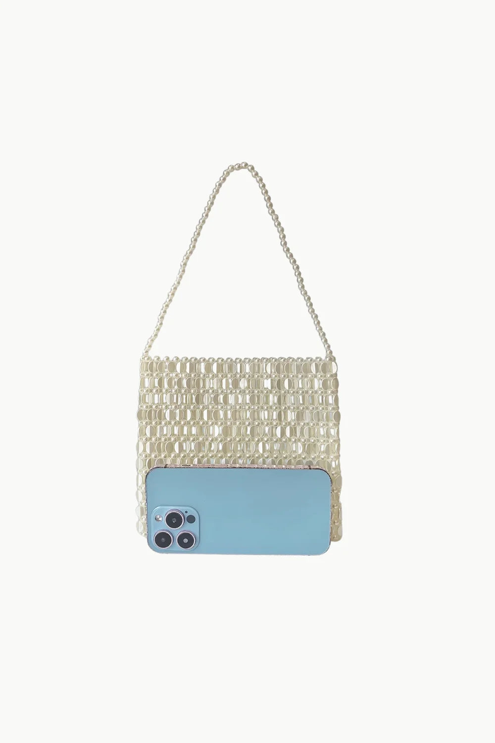 White shiny bead handbag with matching beaded handle, stylish bead handbag accessory