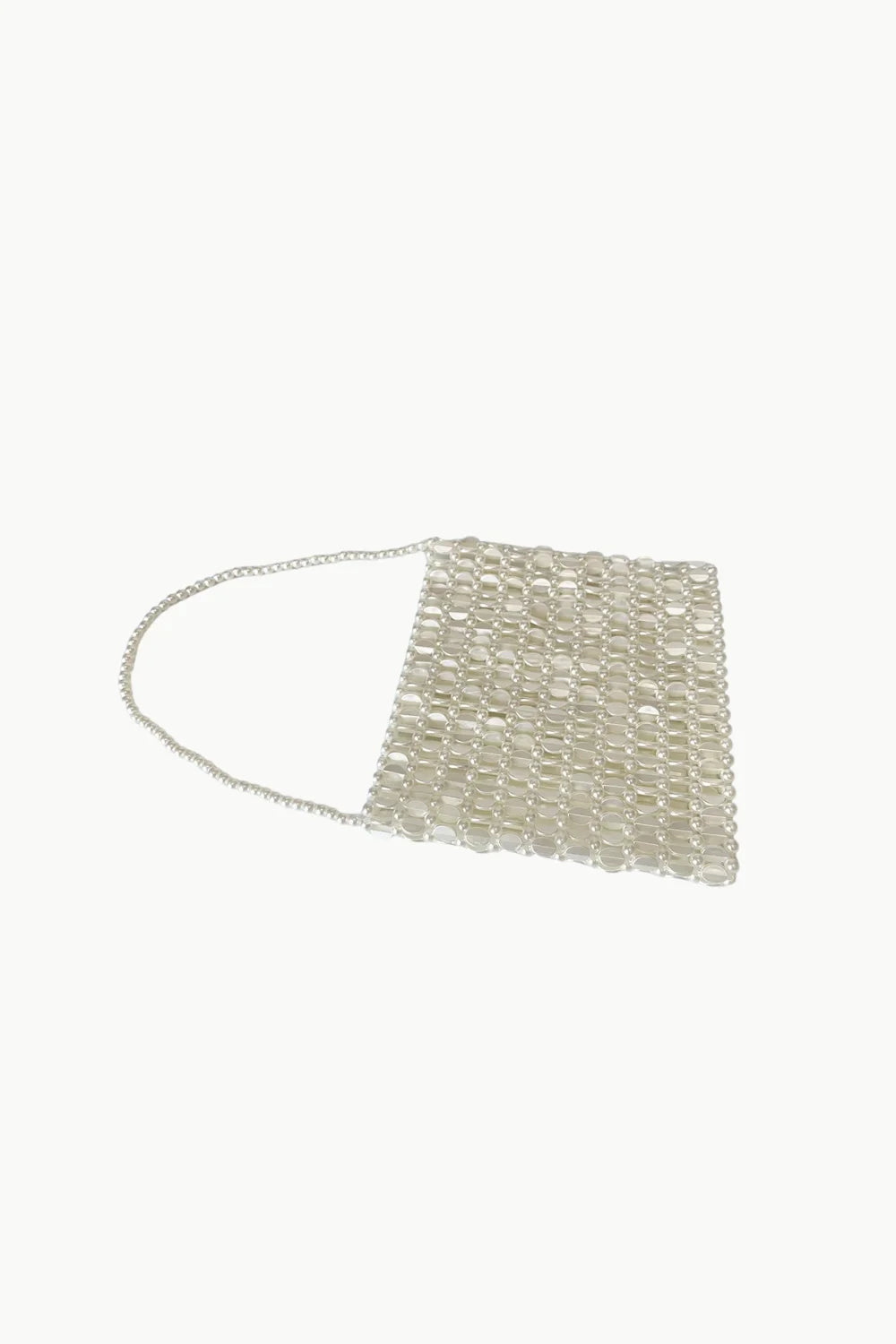 Shiny Bead Handbag with white beads and silver chain strap for stylish occasions