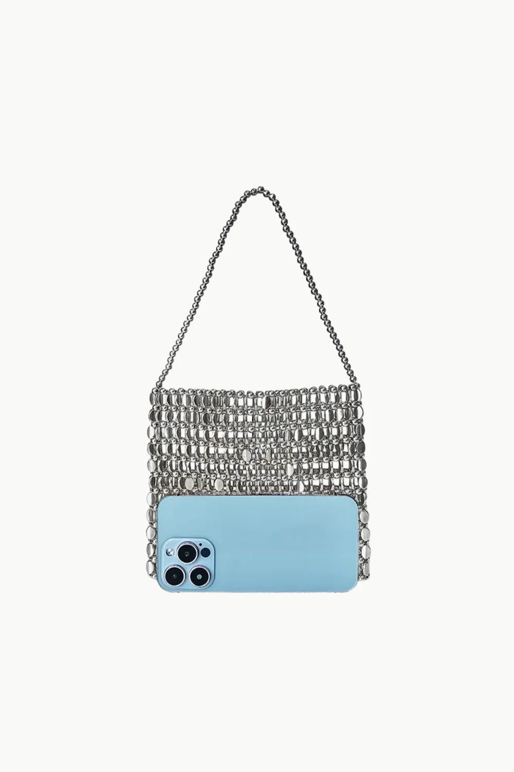 Silver beaded handbag with light blue smartphone in front, showcasing shiny bead details