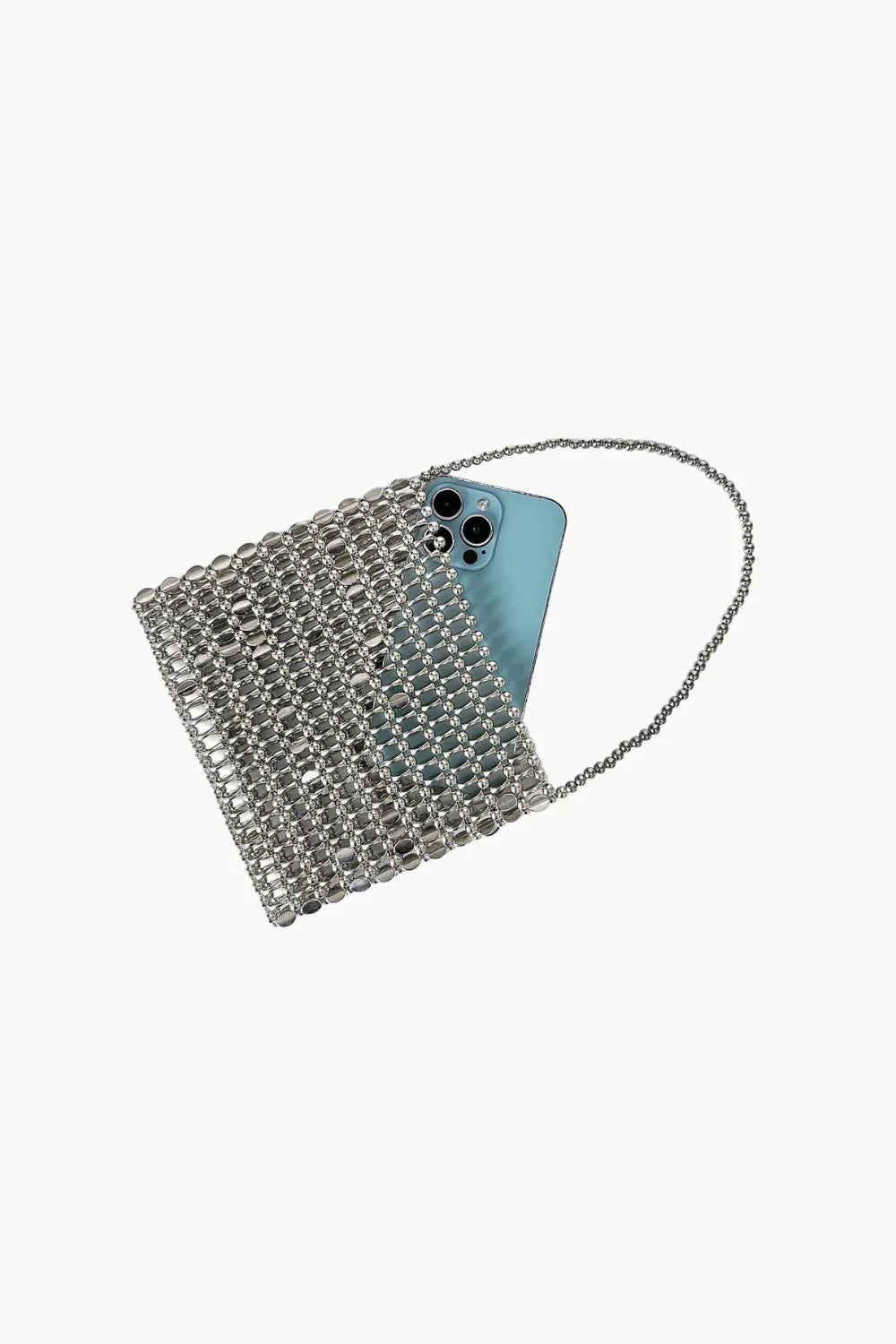 Silver shiny bead handbag with chain strap, stylish bead handbag for elegant occasions