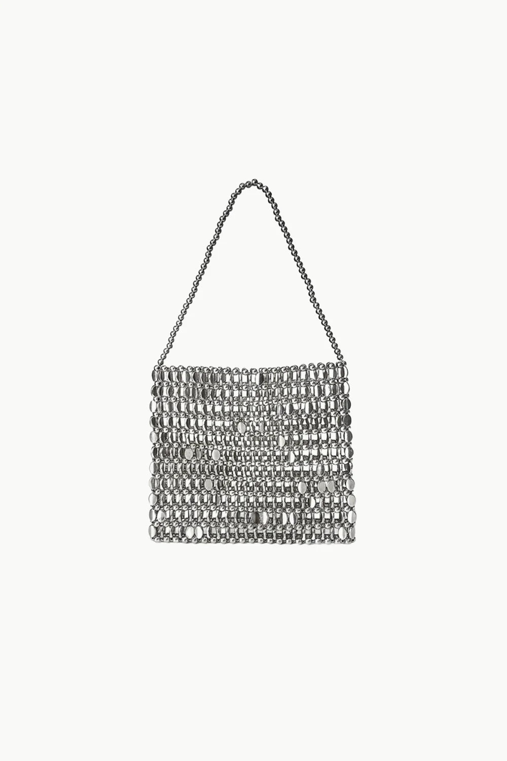 Shiny bead handbag with a rounded strap, stylish silver bead handbag accessory