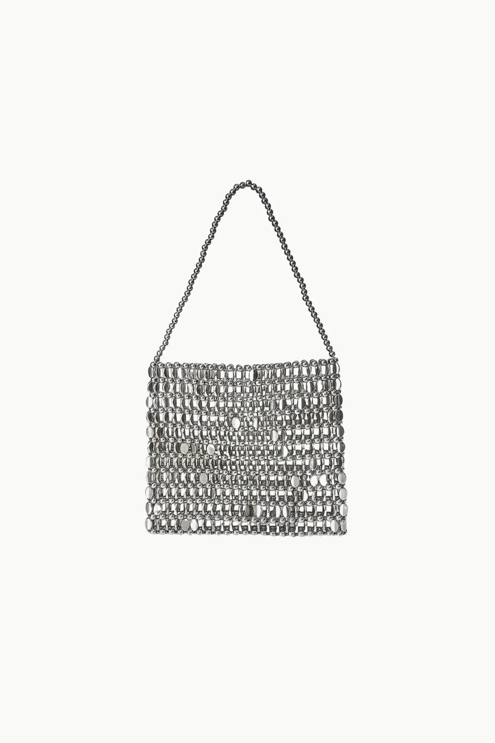 Shiny bead handbag with shimmering silver beads, rectangular body, and looped handle