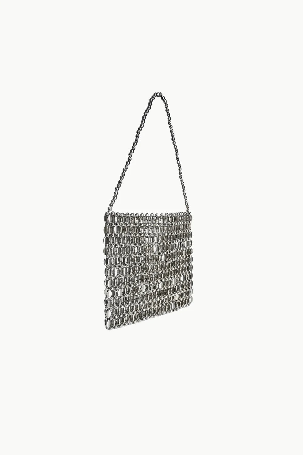 Shiny Bead Handbag: shimmering silver clutch with delicate chain strap for elegant style