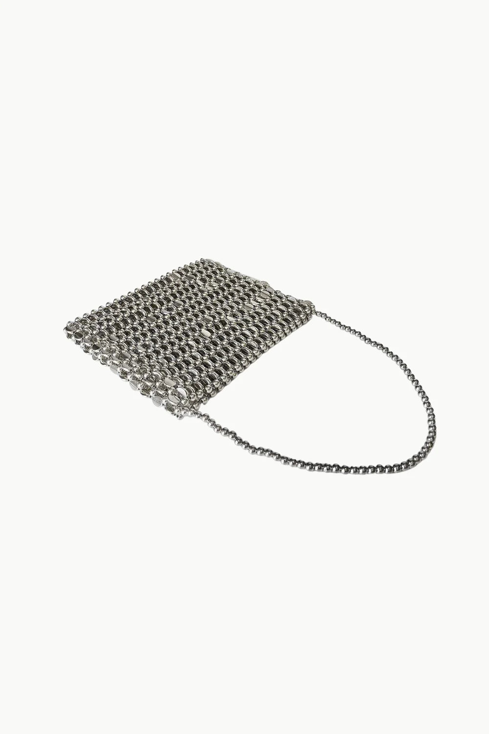 Silver-toned shiny bead handbag with embellished shoulder and chain strap