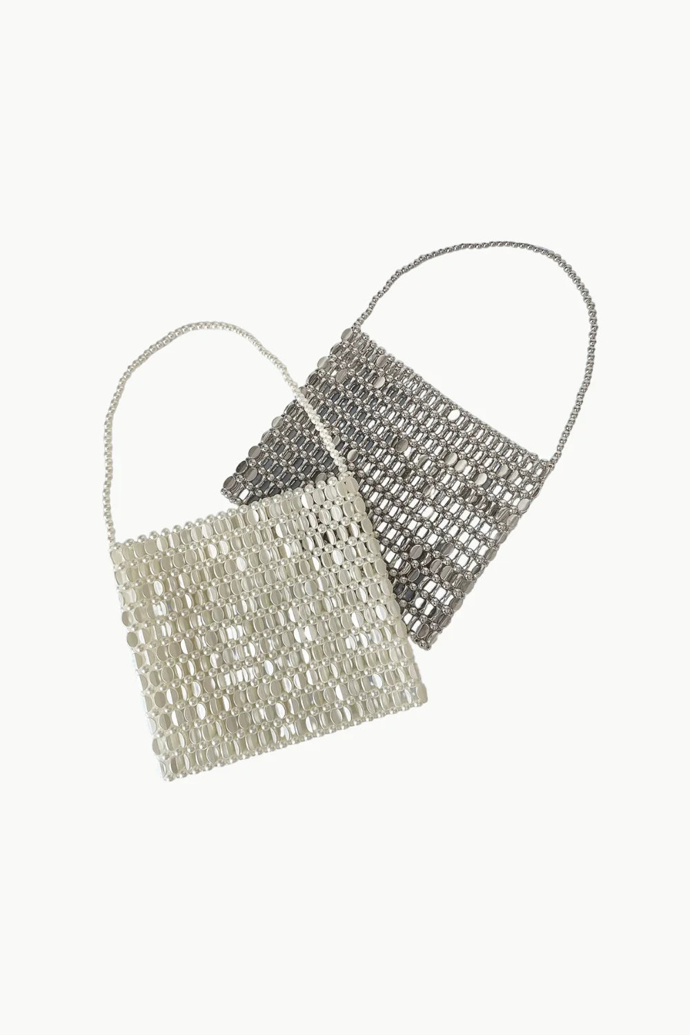 Silver and grey shiny bead handbags with top handles, stylish bead handbag accessories