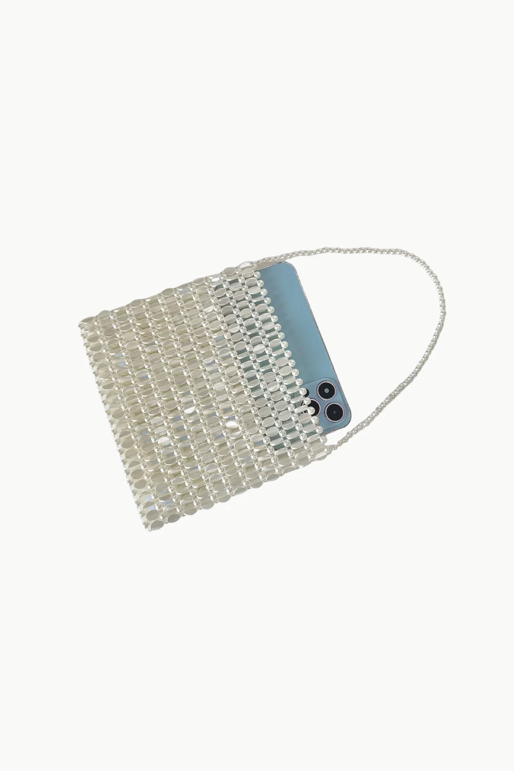White beaded phone pouch with light blue phone inside for Shiny Bead Handbag style