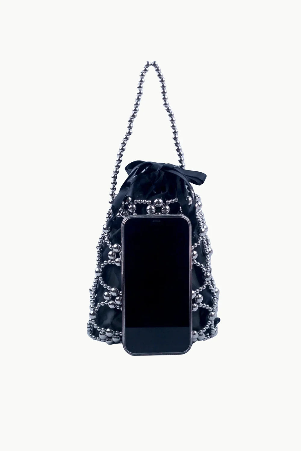 Silver beaded bucket bag with drawstring pouch, beaded net overlay, and top handle