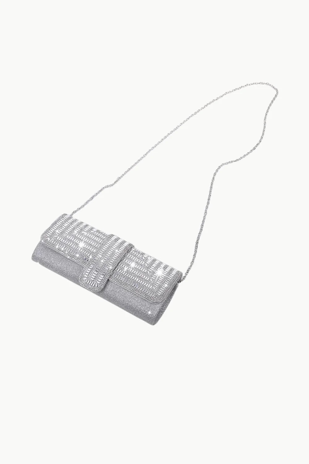 Silver Beaded Clutch with Rhinestone Embellishments and Shoulder Chain