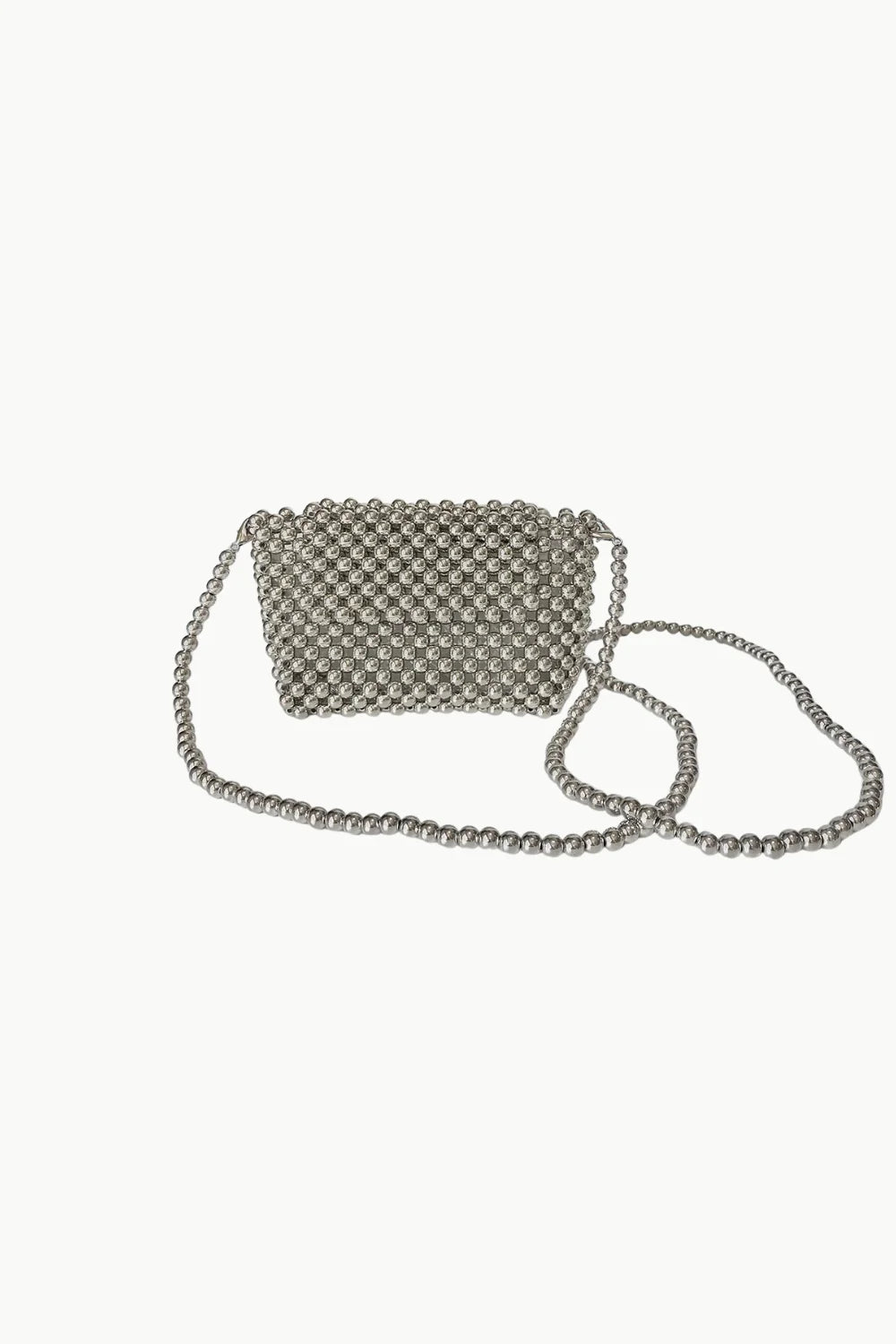 Silver beaded crossbody bag with rectangular shape and long beaded strap