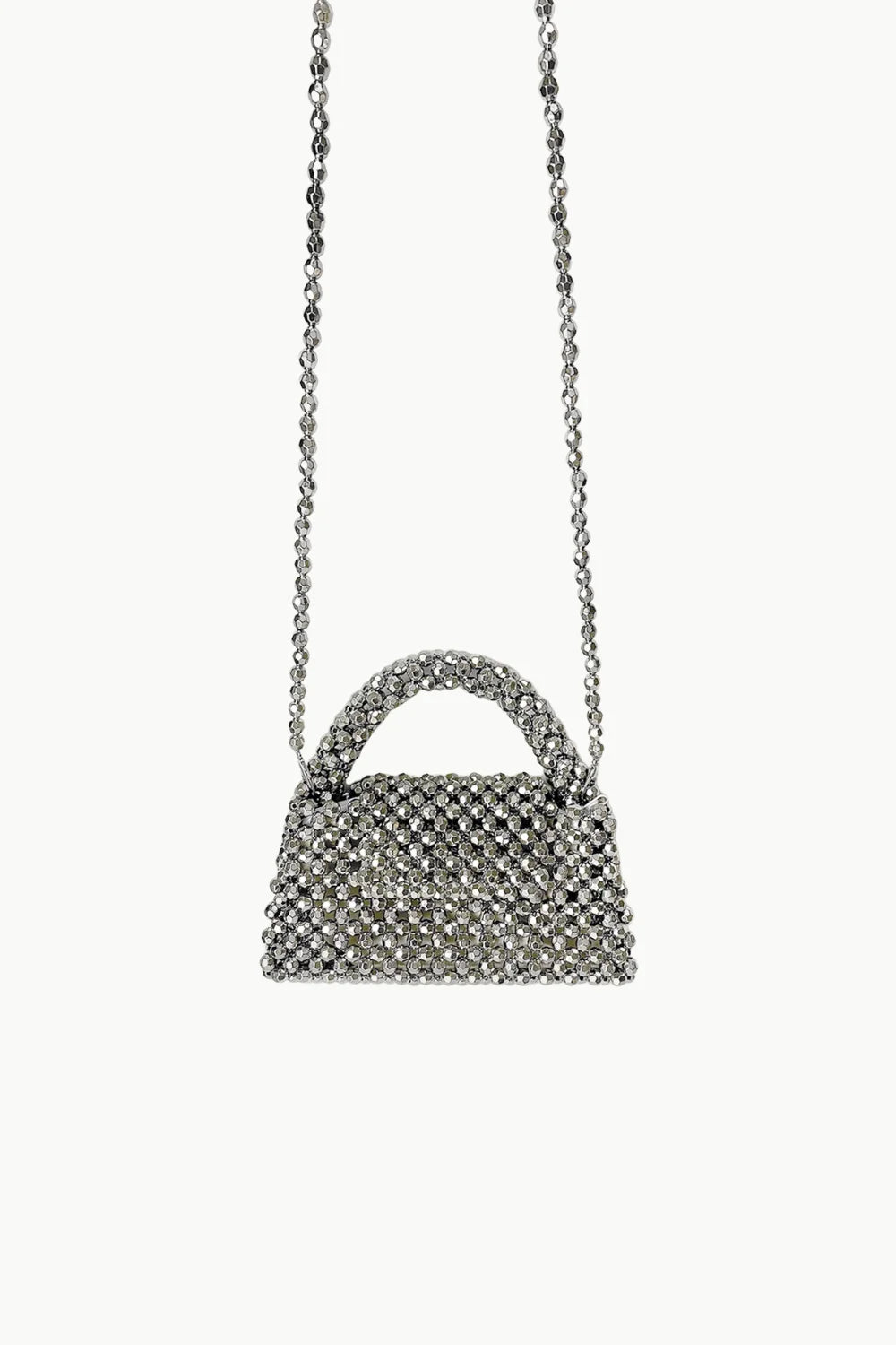 Silver beaded purse with top handle and chain strap, stylish silver beaded purse