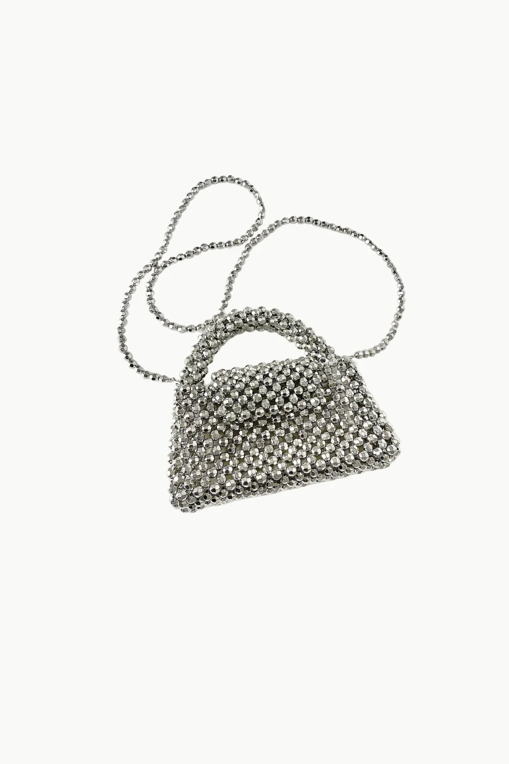 Silver beaded purse with top handle and shoulder strap for elegant style