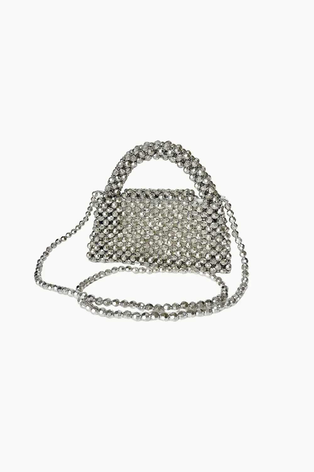 Sparkling Silver Beaded Purse with Top Handle and Shoulder Strap for Elegant Style