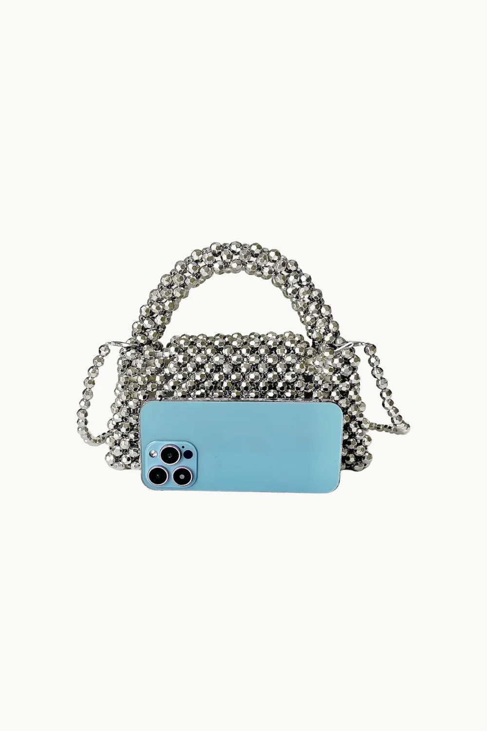 Silver Beaded Purse with Top Handle and Shoulder Strap, Elegant Beaded Purse Design