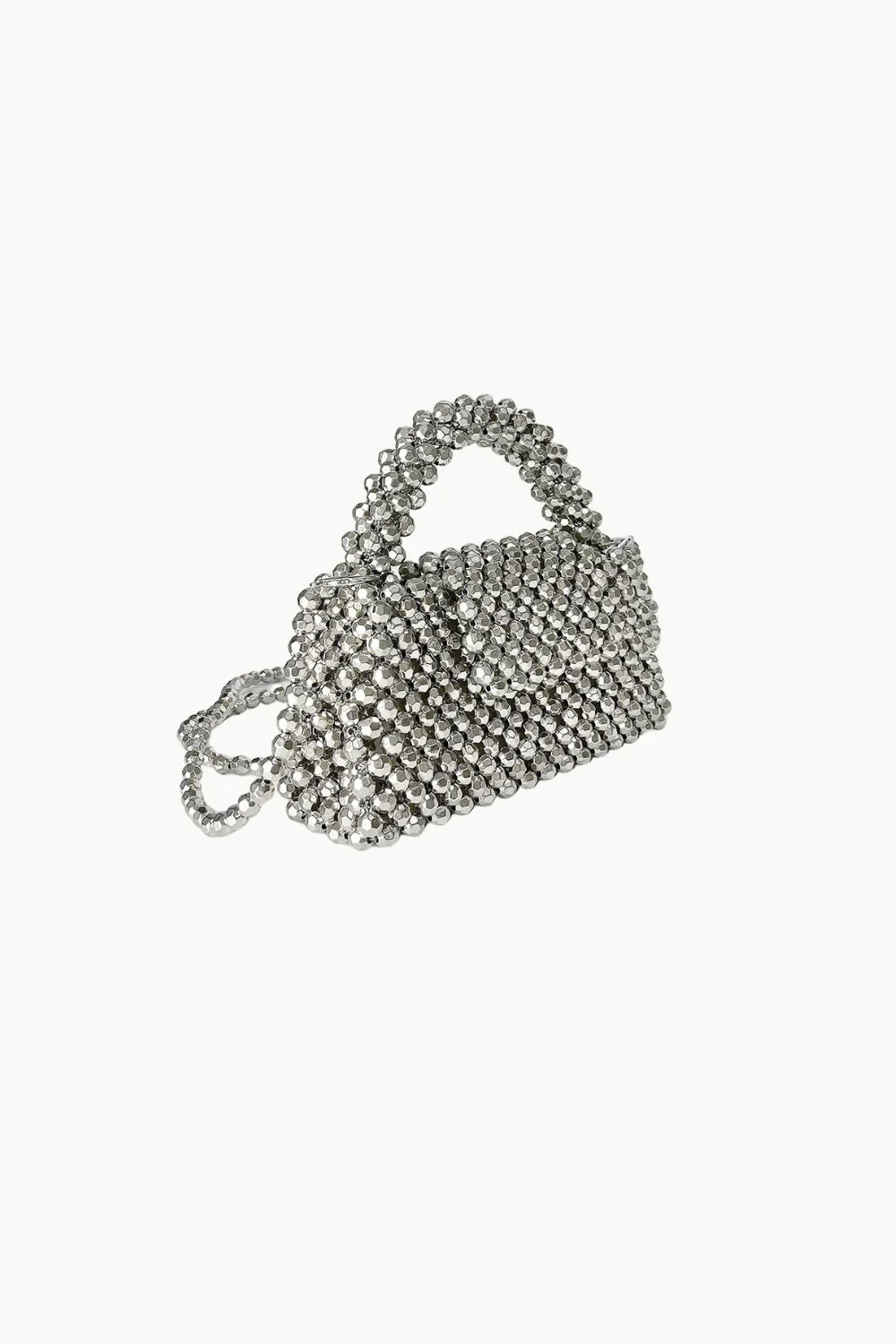 Silver Beaded Purse featuring a top-handle design with chain strap and elegant beaded details