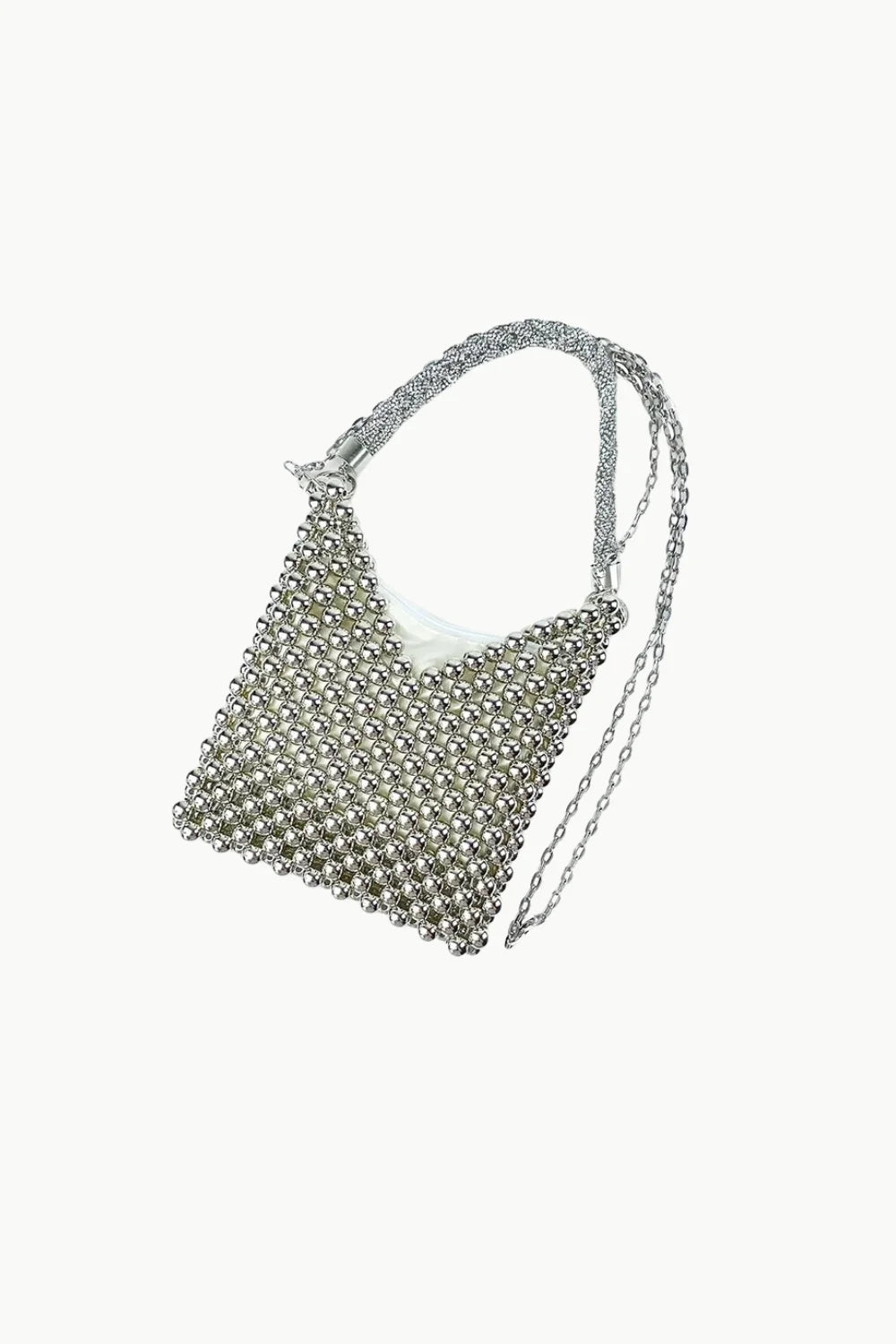 Silver beaded tote bag with chain strap, stylish silver beaded tote accessory