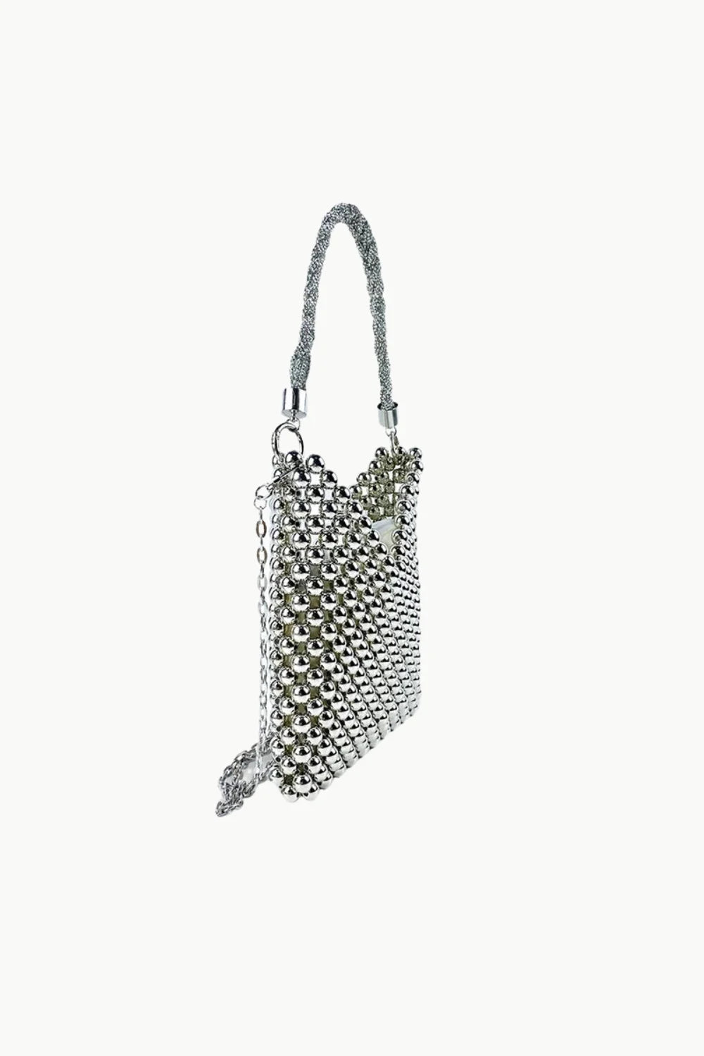 Shiny silver beaded shoulder tote bag with braided strap for stylish accessories