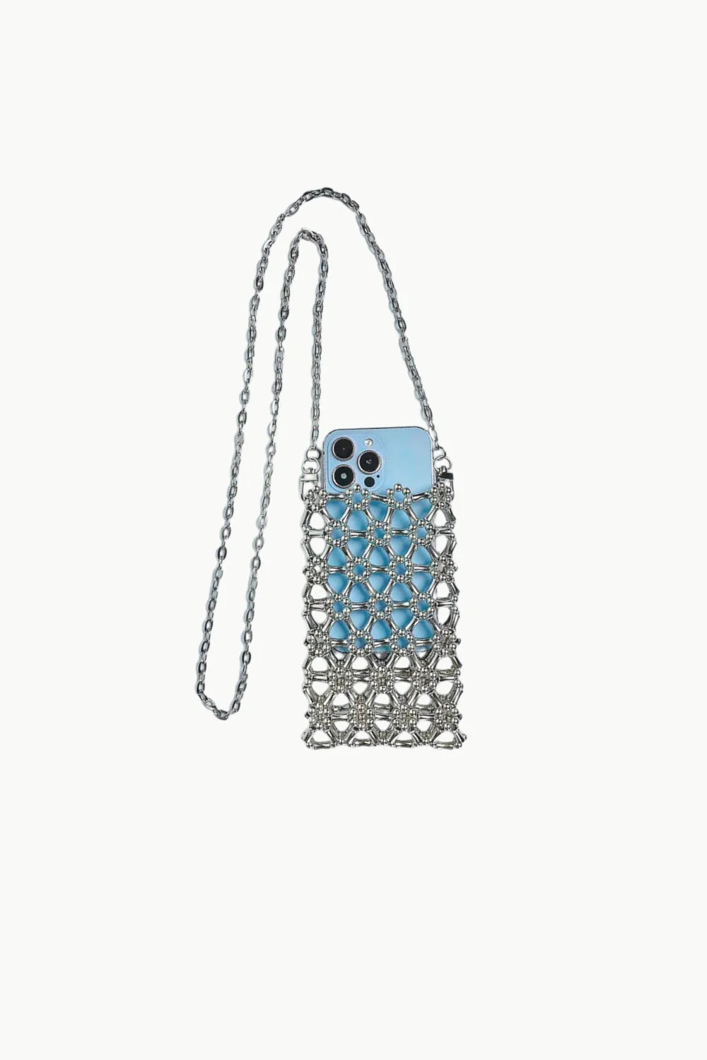 Silver flower beaded bag with chainmail design and long shoulder strap