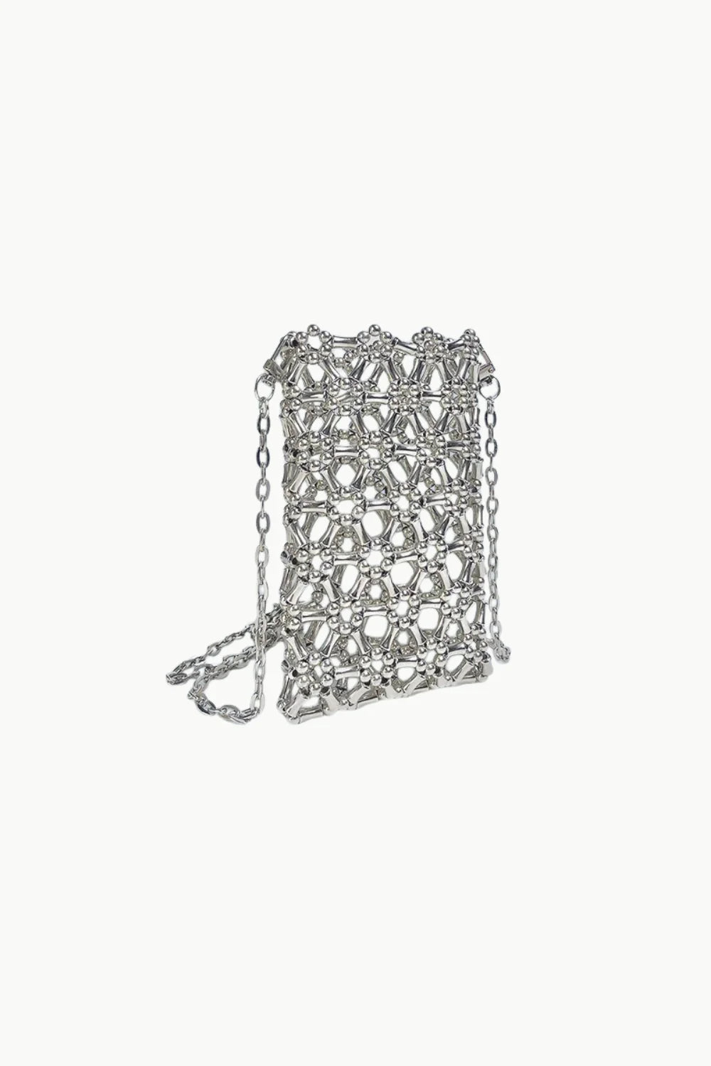 Silver Flower Beaded Bag with metal mesh and long chain strap, stylish beaded bag