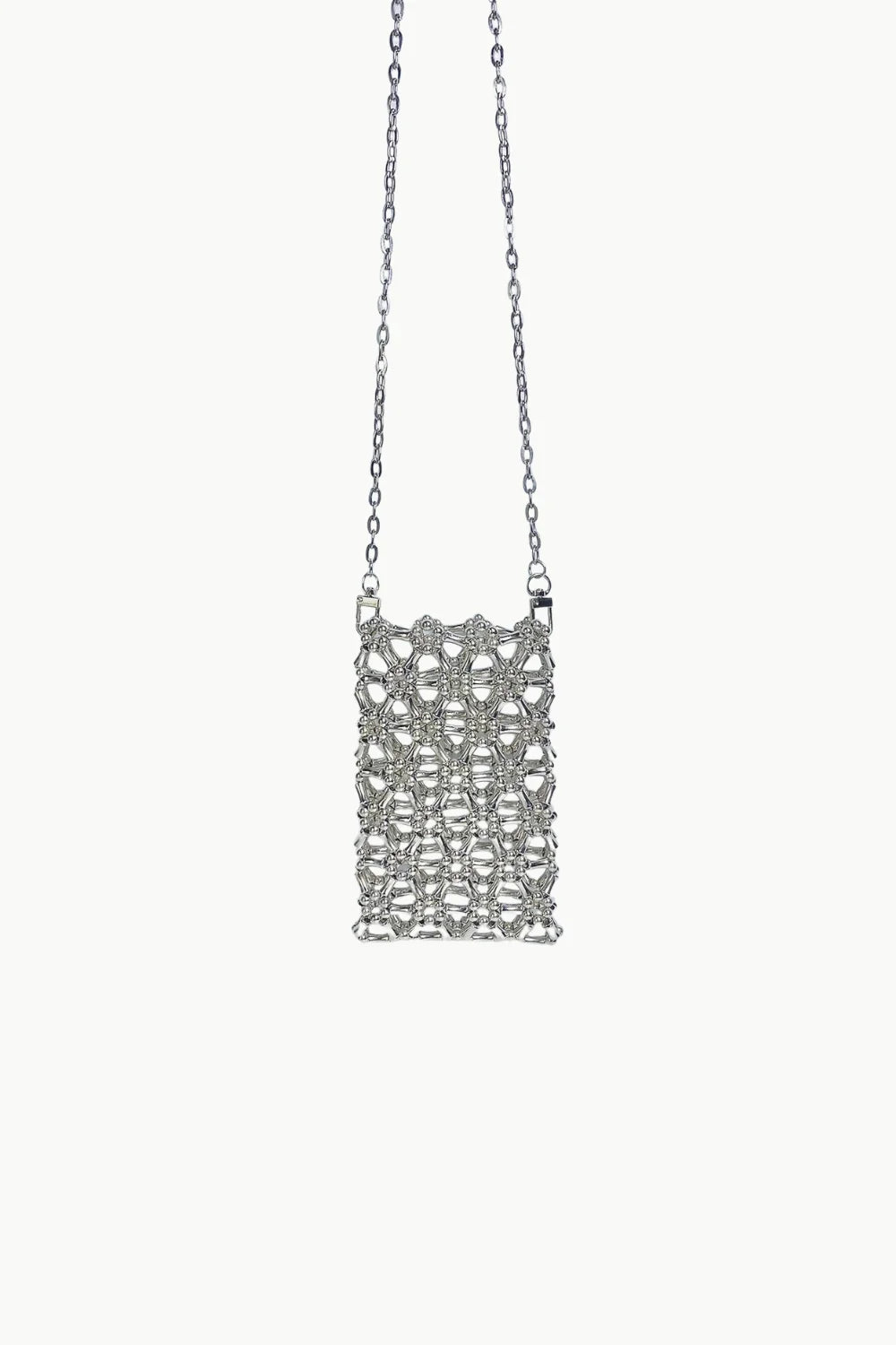 Silver-tone metal mesh shoulder bag with silver flower beaded design, flower beaded bag style